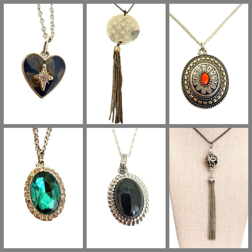 Lot of 6 Womens Pendant Necklaces Tassel Emerald Heart Onyx Boho Filigree Descr